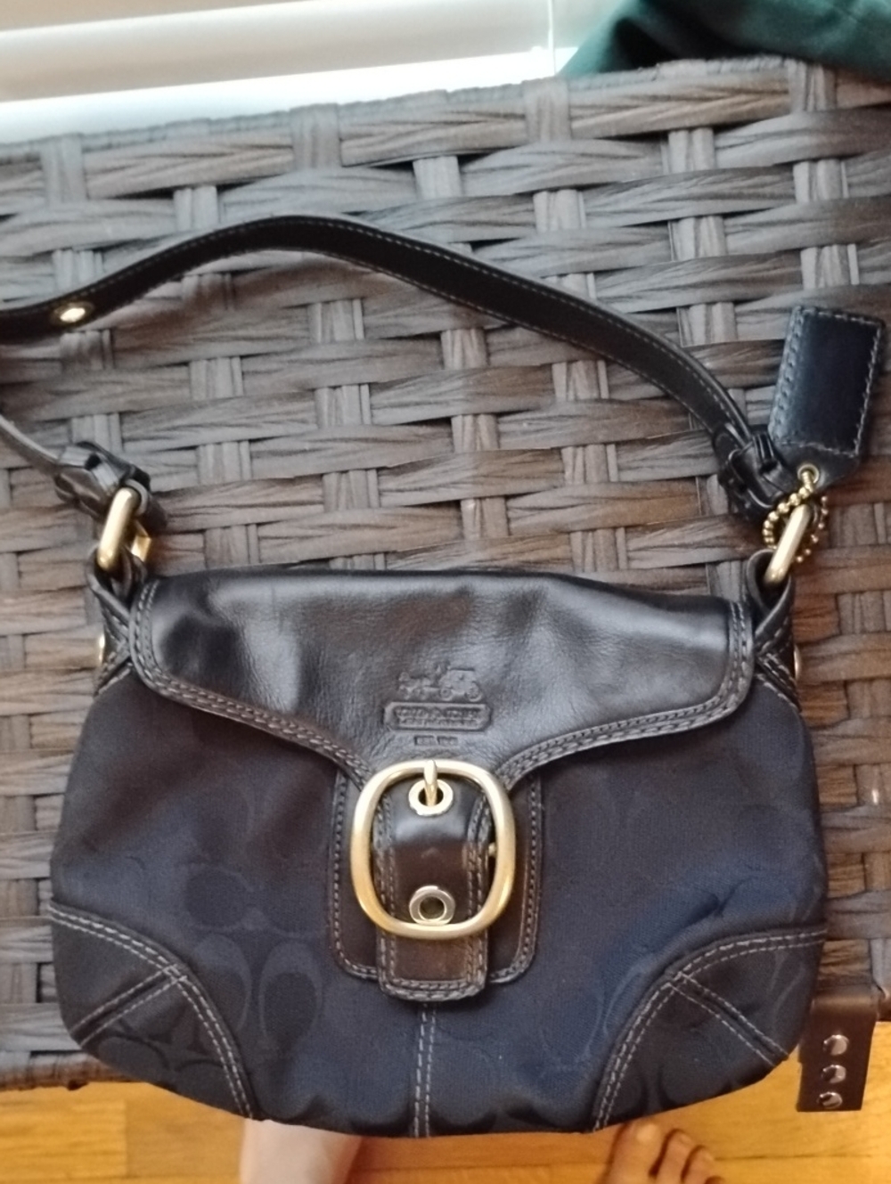 Coach Black Signature Canvas and Leather Shoulder Bag with Gold Buckle